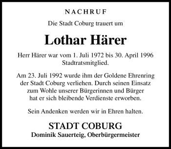 Traueranzeige von Lothar Härer von Neue Presse Coburg