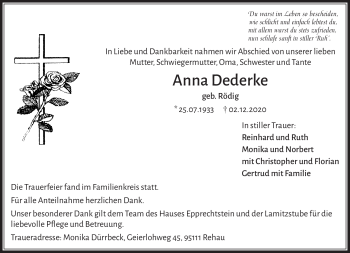 Traueranzeige von Anna Dederke von Frankenpost