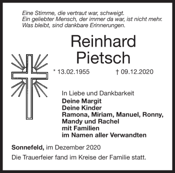 Traueranzeige von Reinhard Pietsch von Neue Presse Coburg