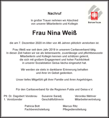 Traueranzeige von Nina Weiß von Südthüringer Presse