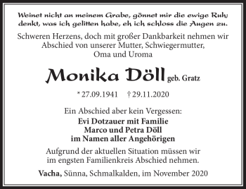 Traueranzeige von Monika Döll von Südthüringer Presse