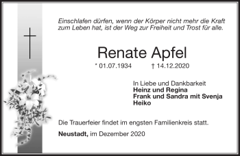 Traueranzeige von Renate Apfel von Neue Presse Coburg