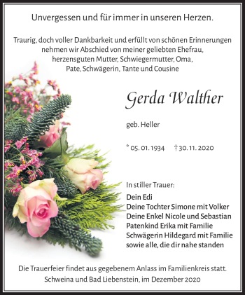 Traueranzeige von Gerda Walter von Südthüringer Presse
