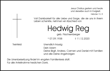 Traueranzeige von Hedwig Reg von Neue Presse Coburg