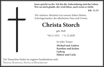 Traueranzeige von Christa Storch von Südthüringer Presse