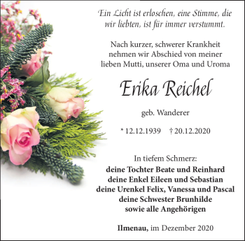 Traueranzeige von Erika Reichel von Südthüringer Presse