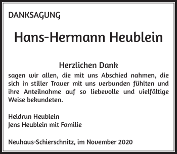 Traueranzeige von Hans-Hermann Heublein von Südthüringer Presse