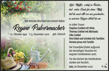 Traueranzeige von Regine Pulvermacher von Südthüringer Presse