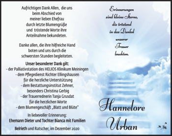 Traueranzeige von Hannelore Urban von Südthüringer Presse