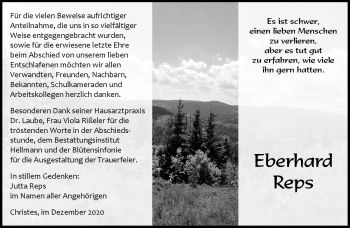 Traueranzeige von Eberhard Reps von Südthüringer Presse