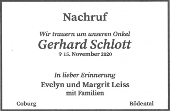 Traueranzeige von Gerhard Schott von Südthüringer Presse