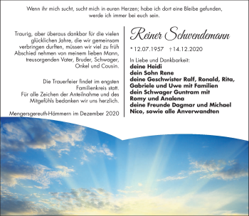 Traueranzeige von Reiner Schwendemann von Südthüringer Presse