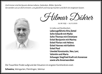 Traueranzeige von Hilmar Döhrer von Südthüringer Presse