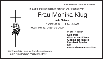 Traueranzeige von Monika Klug von Frankenpost