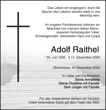 Traueranzeige von Adolf Raithel von Frankenpost