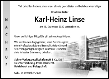 Traueranzeige von Karl-Heinz Linse von Südthüringer Presse