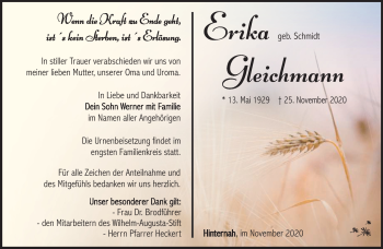 Traueranzeige von Erika Gleichmann von Südthüringer Presse