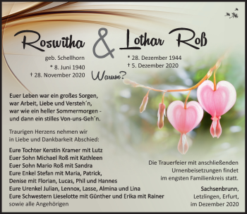 Traueranzeige von RoswithaLothar RoßRoß von Südthüringer Presse