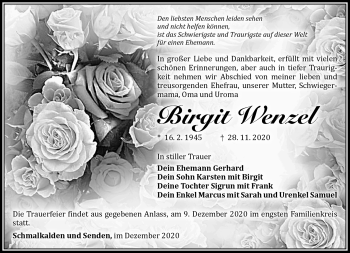 Traueranzeige von Birgit Wenzel von Südthüringer Presse