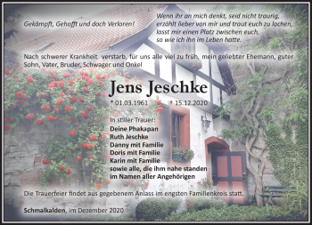 Traueranzeige von Jens Jeschke von Südthüringer Presse