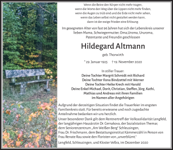 Traueranzeige von Hildegard Altmann von Südthüringer Presse