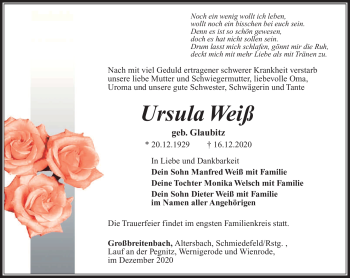 Traueranzeige von Ursula Weiß von Südthüringer Presse