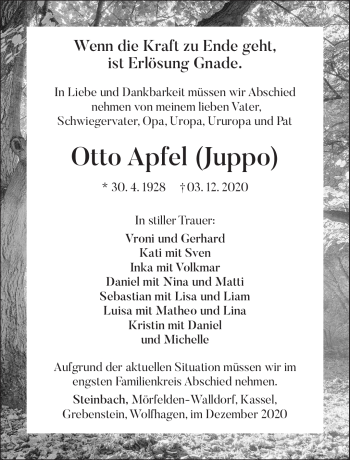Traueranzeige von Otto Apfel von Südthüringer Presse