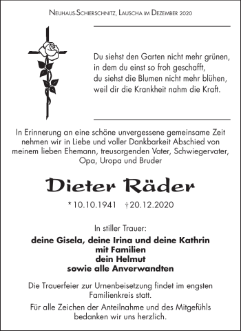 Traueranzeige von Dieter Räder von Südthüringer Presse