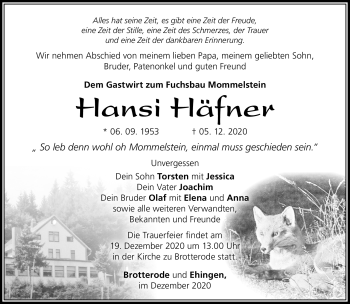 Traueranzeige von Hansi Häfner von Südthüringer Presse