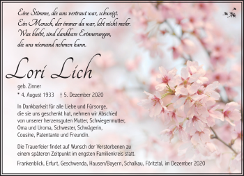 Traueranzeige von Lori Lich von Südthüringer Presse