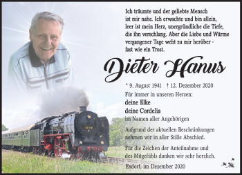 Traueranzeige von Dieter Hanus von Südthüringer Presse