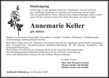 Traueranzeige von Annemarie Keller von Südthüringer Presse