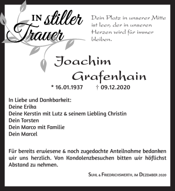 Traueranzeige von Joachim Grafenhain von Südthüringer Presse