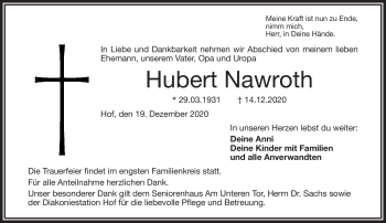 Traueranzeige von Hubert Nawroth von Frankenpost