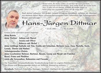 Traueranzeige von Hans-Jürgen Dittmar von Südthüringer Presse