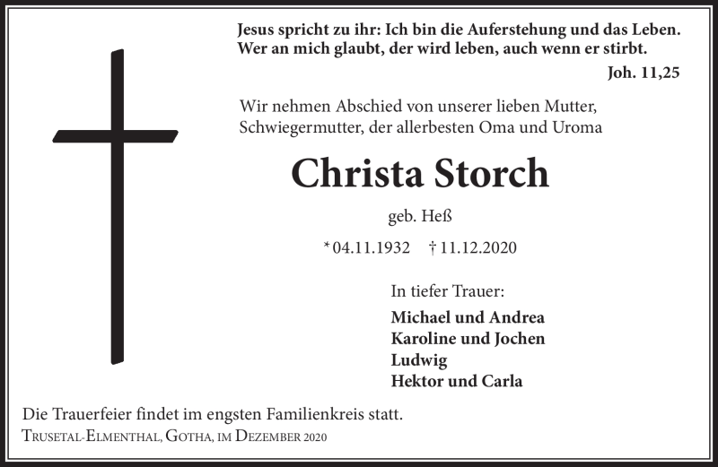  Traueranzeige für Christa Storch vom 18.12.2020 aus Südthüringer Presse