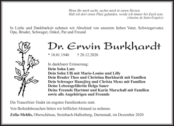 Traueranzeige von Erwin Burkhardt von Südthüringer Presse