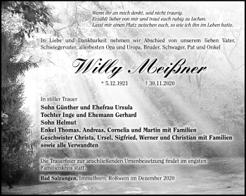 Traueranzeige von Willy Meißner von Südthüringer Presse