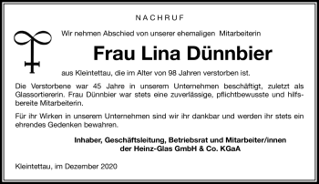 Traueranzeige von Lina Dünnbar von Neue Presse Coburg