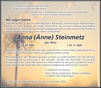 Traueranzeige von Anna Steinmetz von Südthüringer Presse