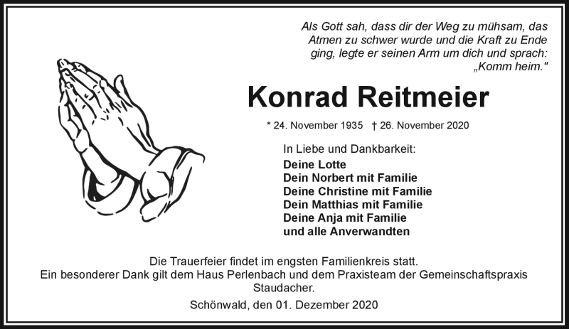  Traueranzeige für Konrad Reitmeier vom 01.12.2020 aus Frankenpost
