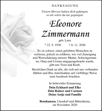 Traueranzeige von Eleonore Zimmermann von Südthüringer Presse