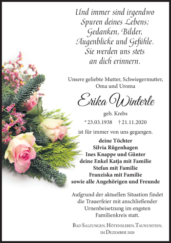 Traueranzeige von Erika Winterle von Südthüringer Presse
