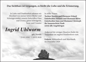 Traueranzeige von Ingrid Uhlworm von Südthüringer Presse