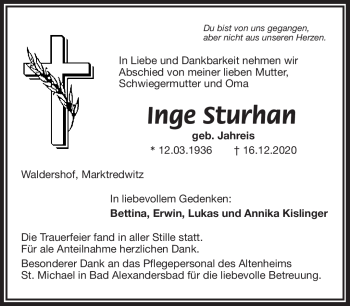 Traueranzeige von Inge Sturhan von Frankenpost