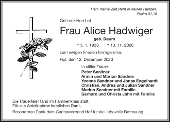 Traueranzeige von Alice Hadwiger von Frankenpost