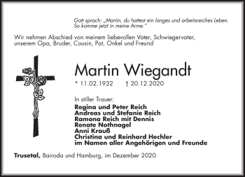 Traueranzeige von Martin Wiegandt von Südthüringer Presse