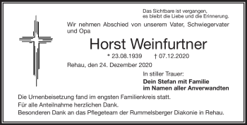 Traueranzeige von Horst Weinfurtner von Frankenpost