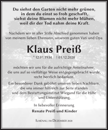 Traueranzeige von Klaus Preiß von Südthüringer Presse