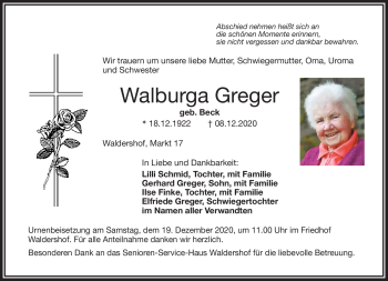 Traueranzeige von Walburga Greger von Frankenpost